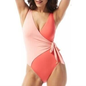 Vince Camuto Surplice Wrap Tie One Piece Swimsuit Women's 14 Coral Colorblock